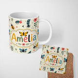 Personalized Custom Name Cute Butterflies Ladybugs Flowers Garden Insects Seamless Pattern 11oz Ceramic Coffee Tea Mug White Large Handle