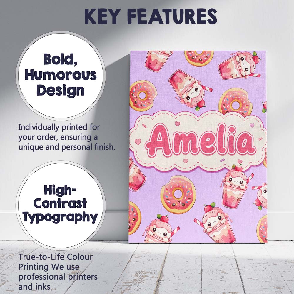 Personalised Name Cute Kawaii Donut and Custom  Modern Room Accent Elegant Feature Canvas Wall Art Print Decor Picture Ready to Hang