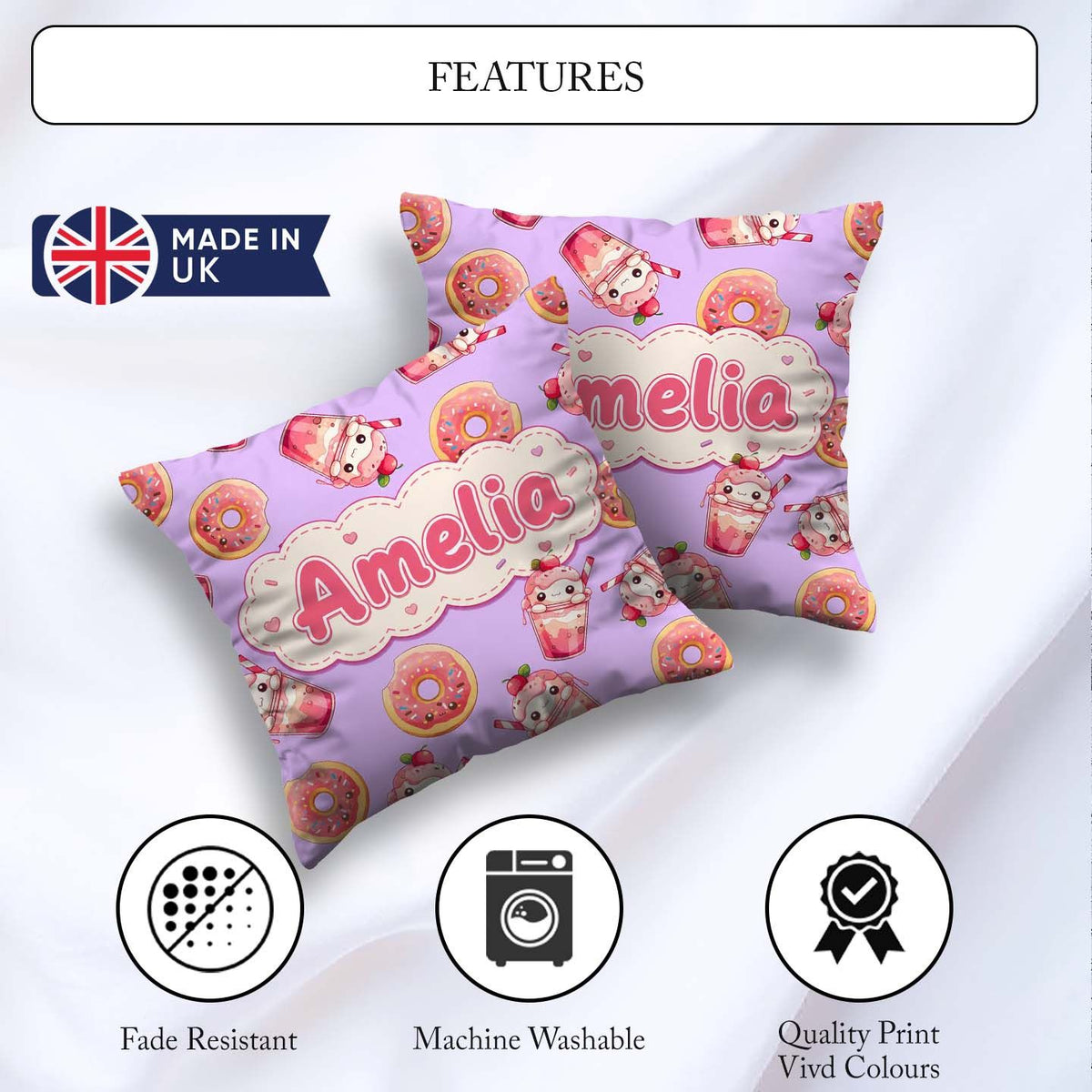 Custom Name Cute Kawaii Donut and Drink Seamless Pattern Purple Square Filled Cushion Throw Pillow Sofa Bed Home Decor Zip Washable UK Made