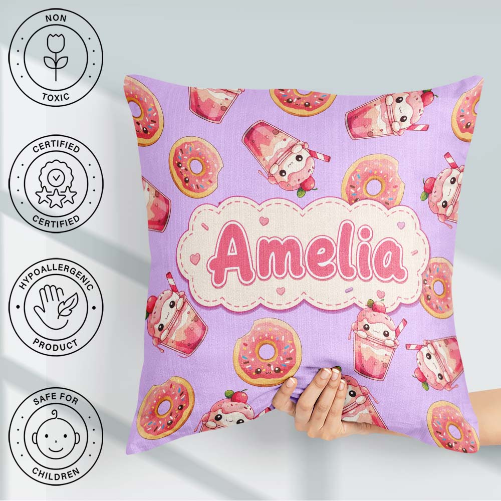 Custom Name Cute Kawaii Donut and Drink Seamless Pattern Purple Square Filled Cushion Throw Pillow Sofa Bed Home Decor Zip Washable UK Made