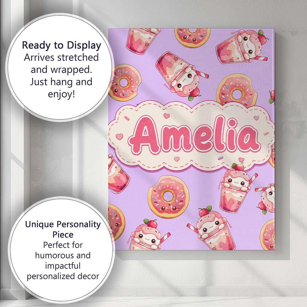 Personalised Name Cute Kawaii Donut and Custom  Modern Room Accent Elegant Feature Canvas Wall Art Print Decor Picture Ready to Hang