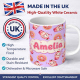 Personalized Custom Name Cute Kawaii Donut and Strawberry Drink Seamless Pattern Purple 11oz Ceramic Coffee Tea Mug White Large Handle