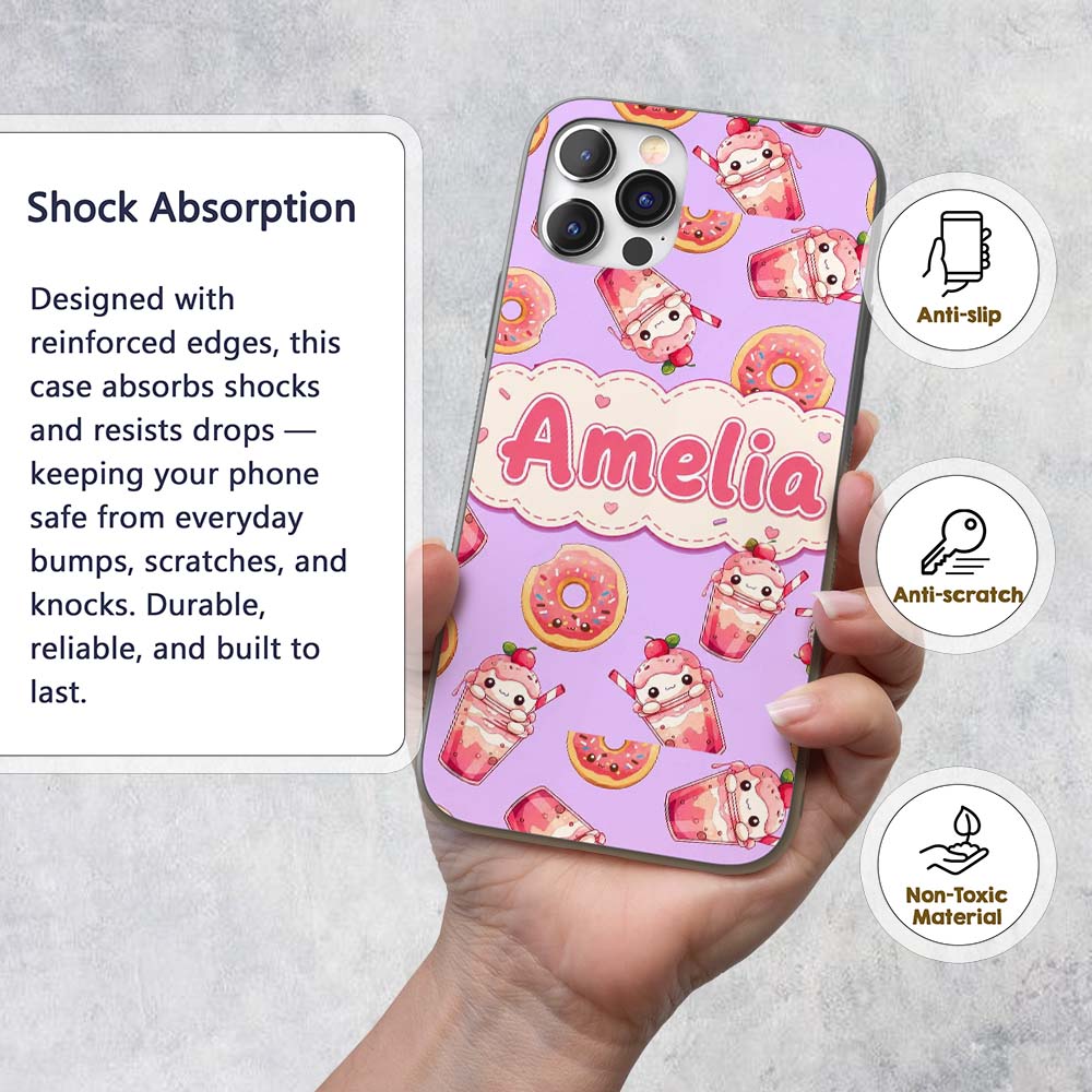 Cute Kawaii Donut and Strawberry Drink Seamless Custom Name Protective Phone Case Mobile Cover Durable Everyday Smartphone Shock Resistant