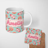 Personalized Custom Name Cute Kawaii Donut and Strawberry Drink Pattern Teal Background 11oz Ceramic Coffee Tea Mug White Large Handle