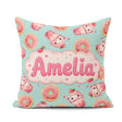 Custom Name Cute Kawaii Donut and Strawberry Drink Pattern Teal Square Filled Cushion Throw Pillow Sofa Bed Home Decor Zip Washable UK Made