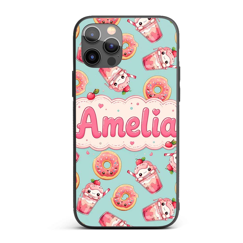 Cute Kawaii Donut and Strawberry Drink Pattern Custom Name Protective Phone Case Mobile Cover Durable Everyday Smartphone Shock Resistant