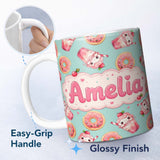 Personalized Custom Name Cute Kawaii Donut and Strawberry Drink Pattern Teal Background 11oz Ceramic Coffee Tea Mug White Large Handle