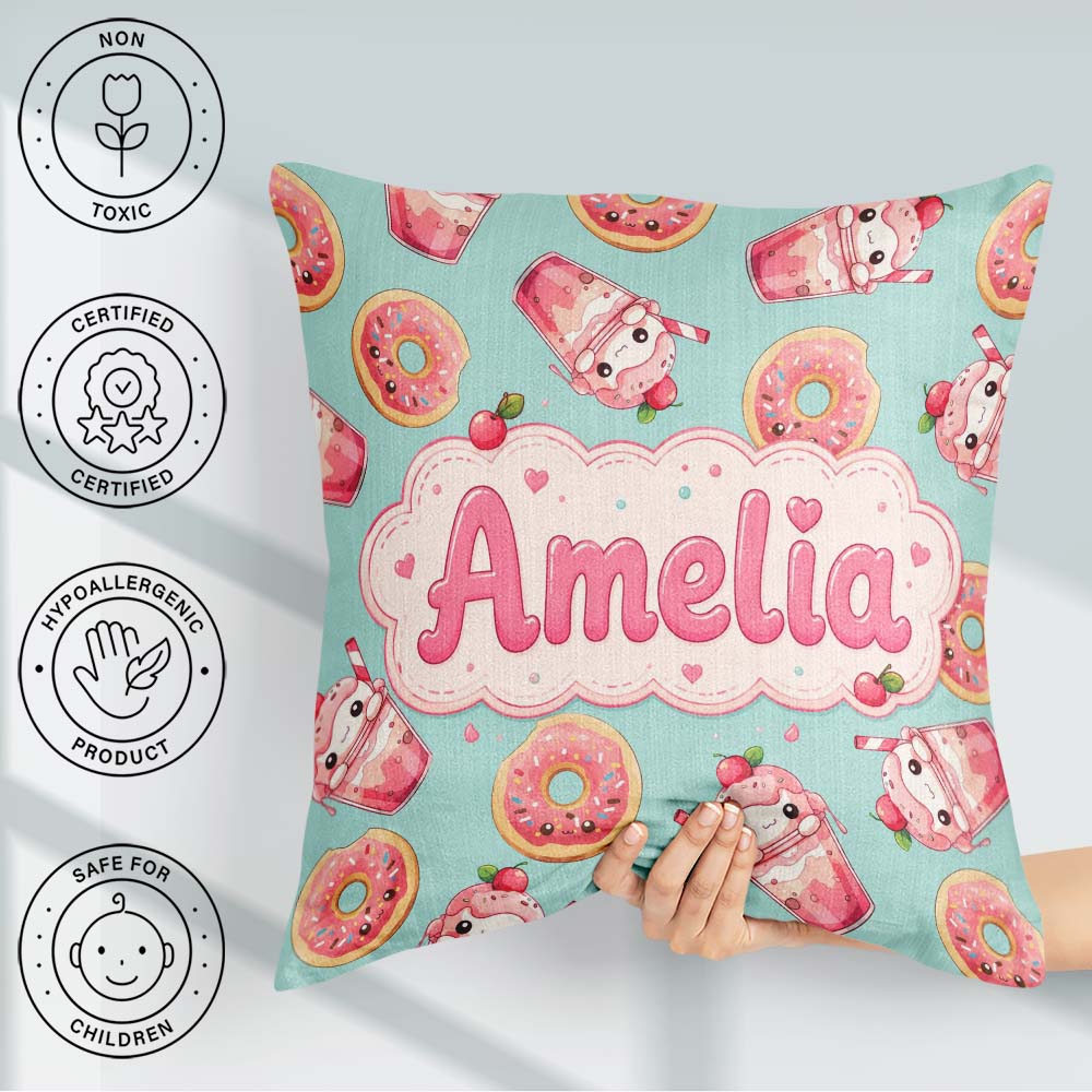 Custom Name Cute Kawaii Donut and Strawberry Drink Pattern Teal Square Filled Cushion Throw Pillow Sofa Bed Home Decor Zip Washable UK Made