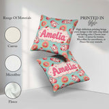 Custom Name Cute Kawaii Donut and Strawberry Drink Pattern Teal Square Filled Cushion Throw Pillow Sofa Bed Home Decor Zip Washable UK Made
