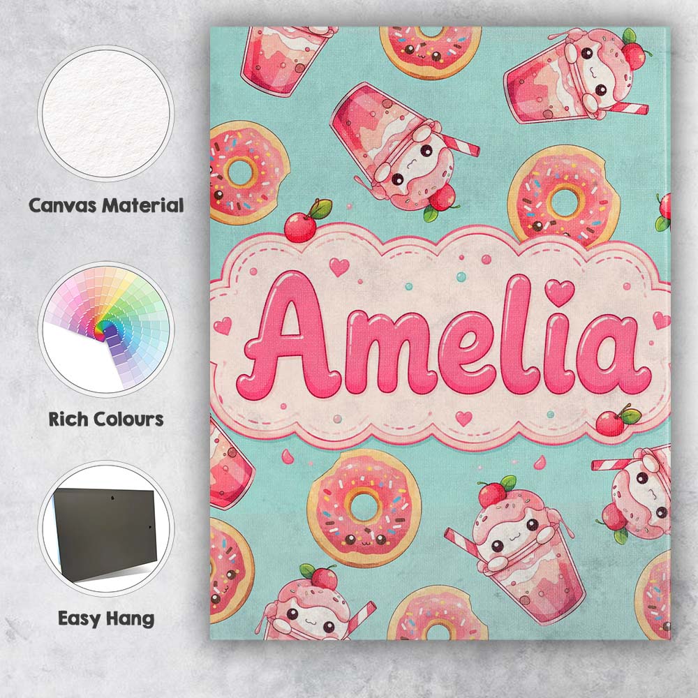 Personalised Name Cute Kawaii Donut and Custom  Modern Room Accent Elegant Feature Canvas Wall Art Print Decor Picture Ready to Hang