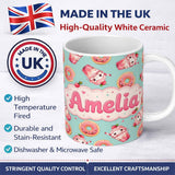 Personalized Custom Name Cute Kawaii Donut and Strawberry Drink Pattern Teal Background 11oz Ceramic Coffee Tea Mug White Large Handle