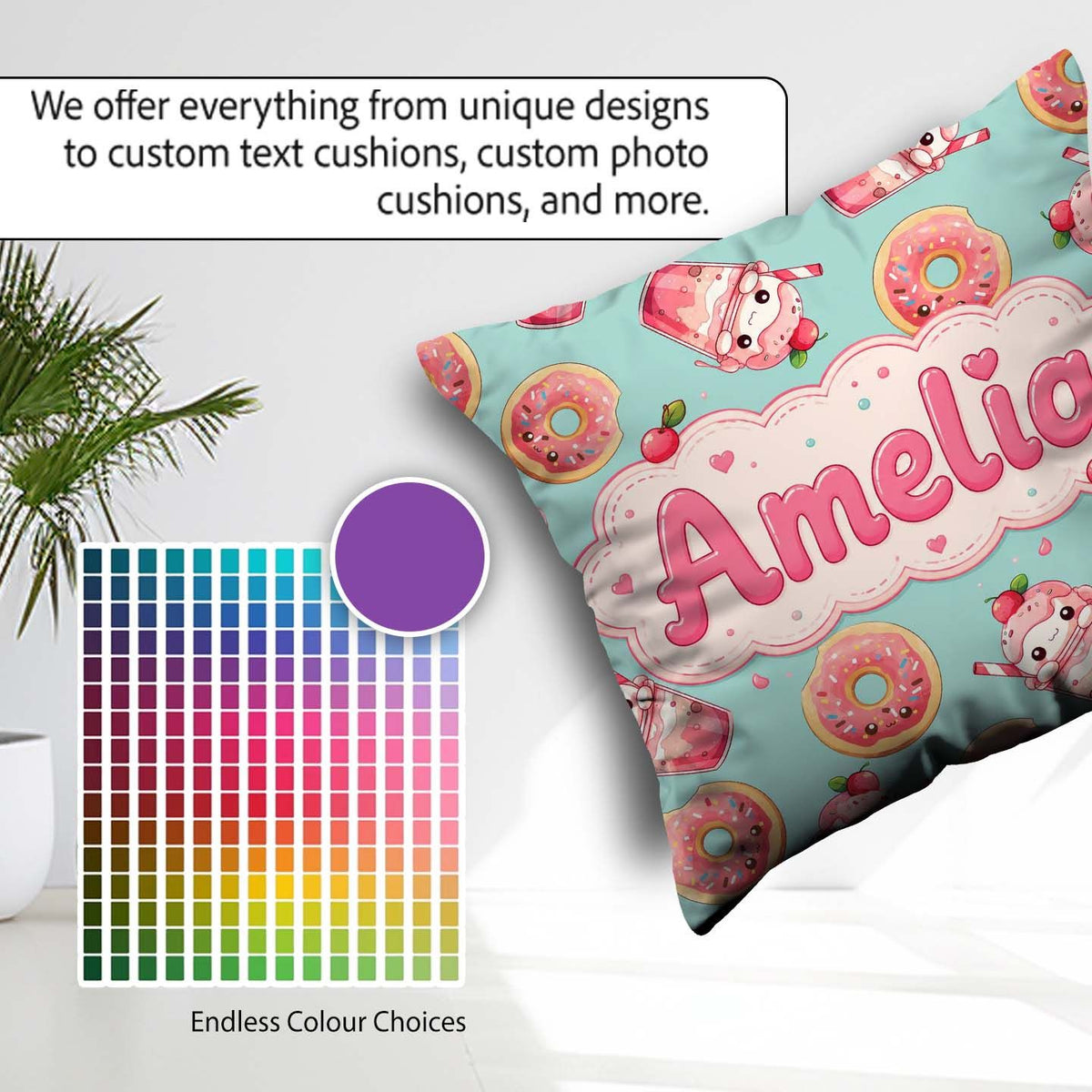 Custom Name Cute Kawaii Donut and Strawberry Drink Pattern Teal Square Filled Cushion Throw Pillow Sofa Bed Home Decor Zip Washable UK Made