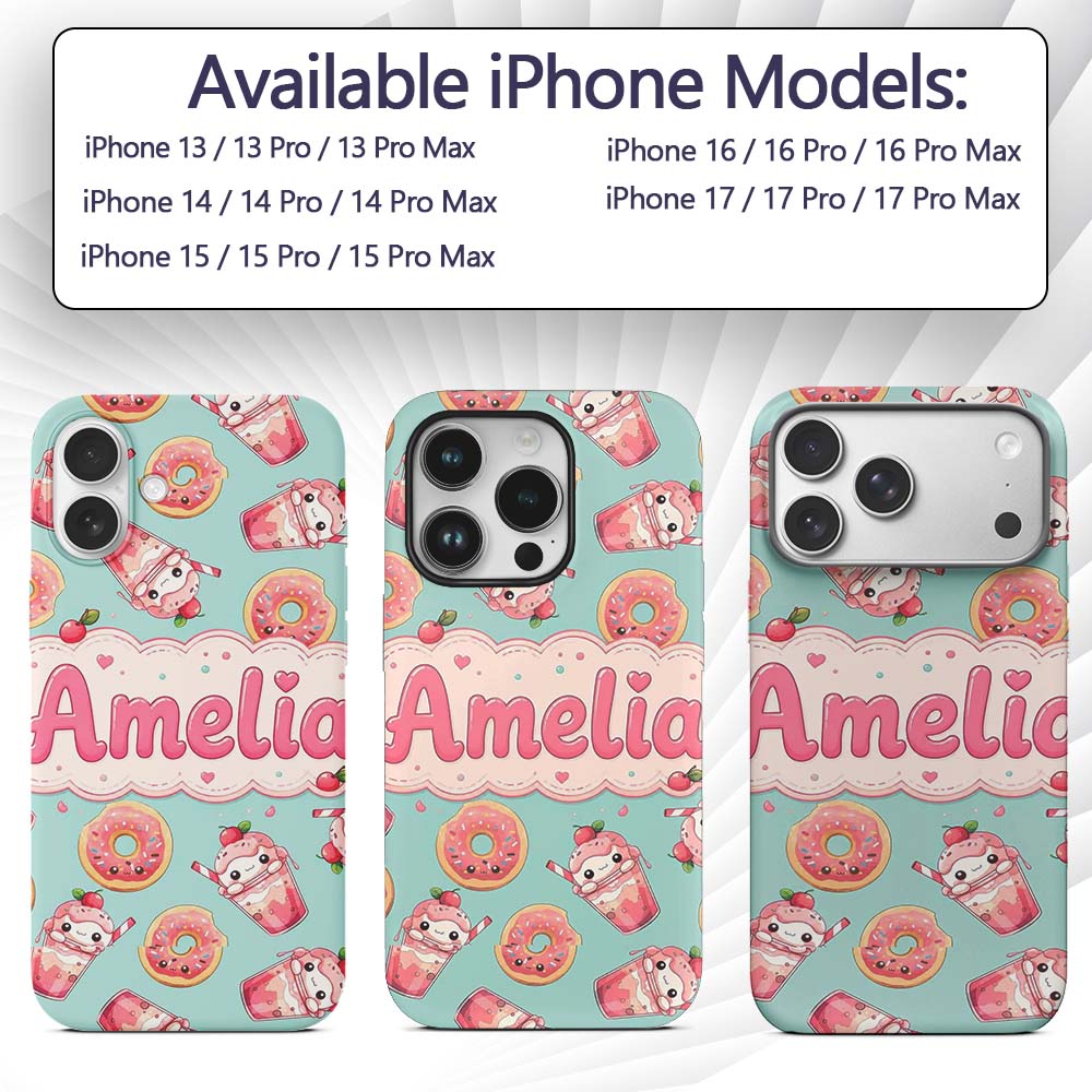 Cute Kawaii Donut and Strawberry Drink Pattern Custom Name Protective Phone Case Mobile Cover Durable Everyday Smartphone Shock Resistant
