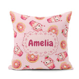 Custom Name Kawaii Donut and Strawberry Drink Pattern Soft Pink Square Filled Cushion Throw Pillow Sofa Bed Home Decor Zip Washable UK Made