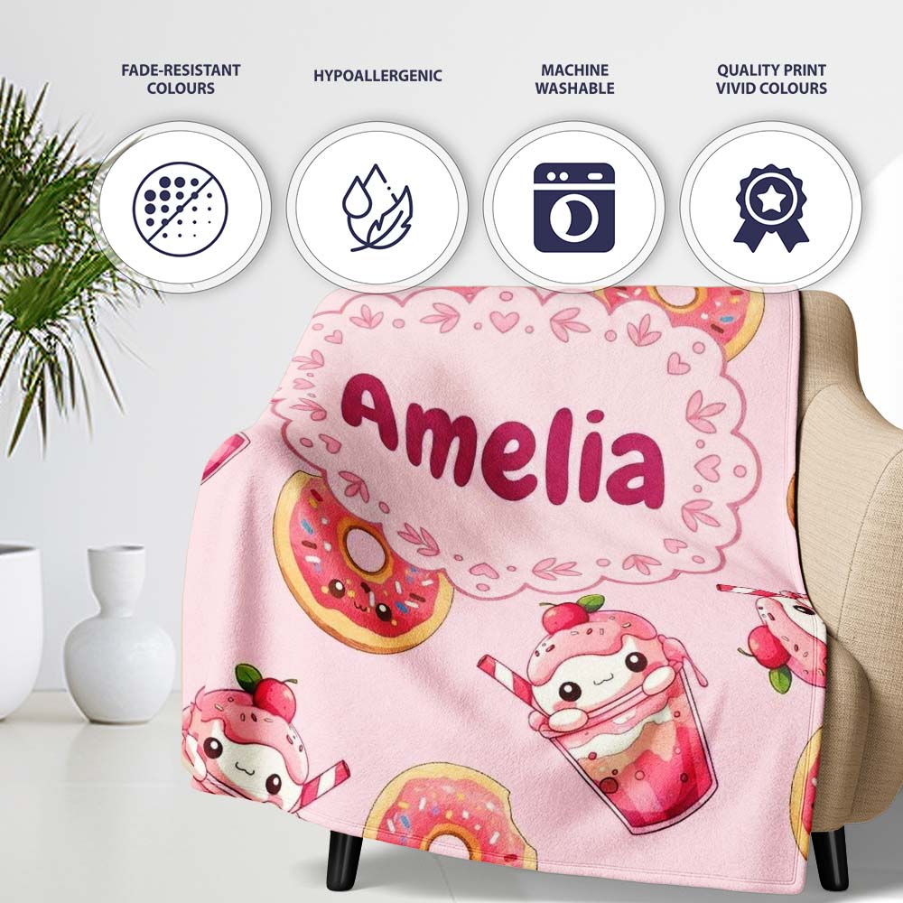 Cute Kawaii Donut and Strawberry Drink Pattern Soft Pink Background  Personalised Custom Name Super Soft Fleece Blanket Bed Sofa Throw