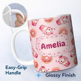 Personalized Custom Name Cute Kawaii Donut and Strawberry Drink Pattern Soft Pink Background 11oz Ceramic Coffee Tea Mug White Large Handle