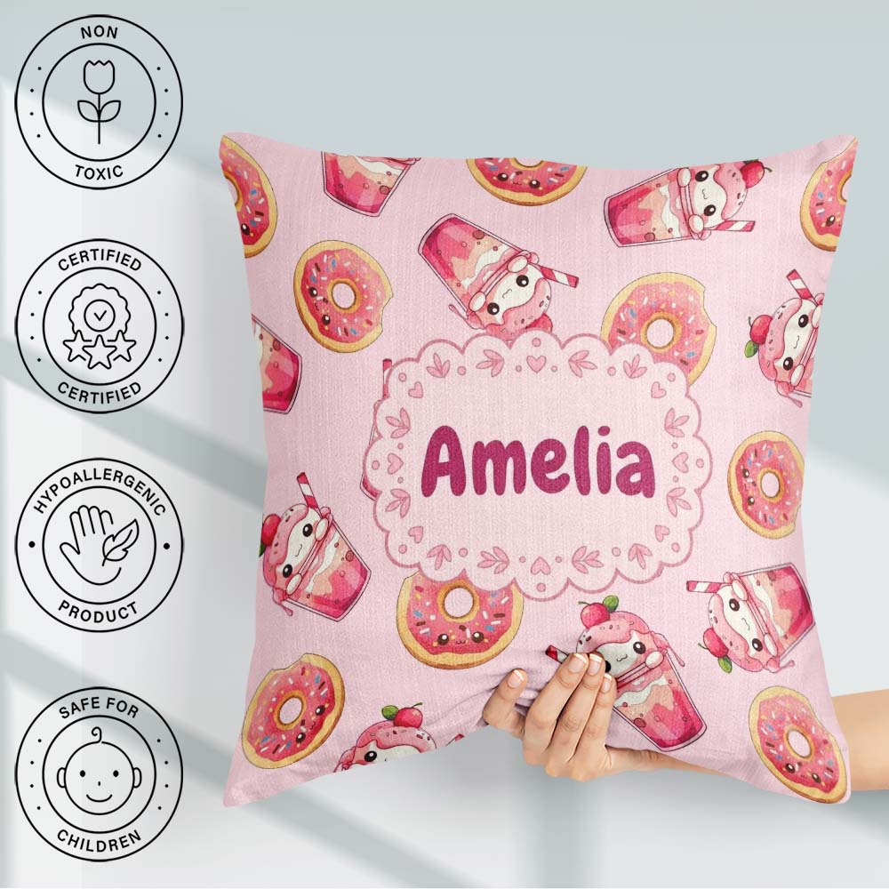 Custom Name Kawaii Donut and Strawberry Drink Pattern Soft Pink Square Filled Cushion Throw Pillow Sofa Bed Home Decor Zip Washable UK Made