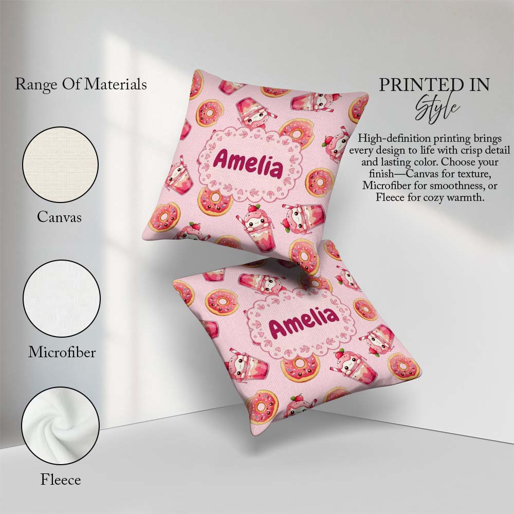 Custom Name Kawaii Donut and Strawberry Drink Pattern Soft Pink Square Filled Cushion Throw Pillow Sofa Bed Home Decor Zip Washable UK Made
