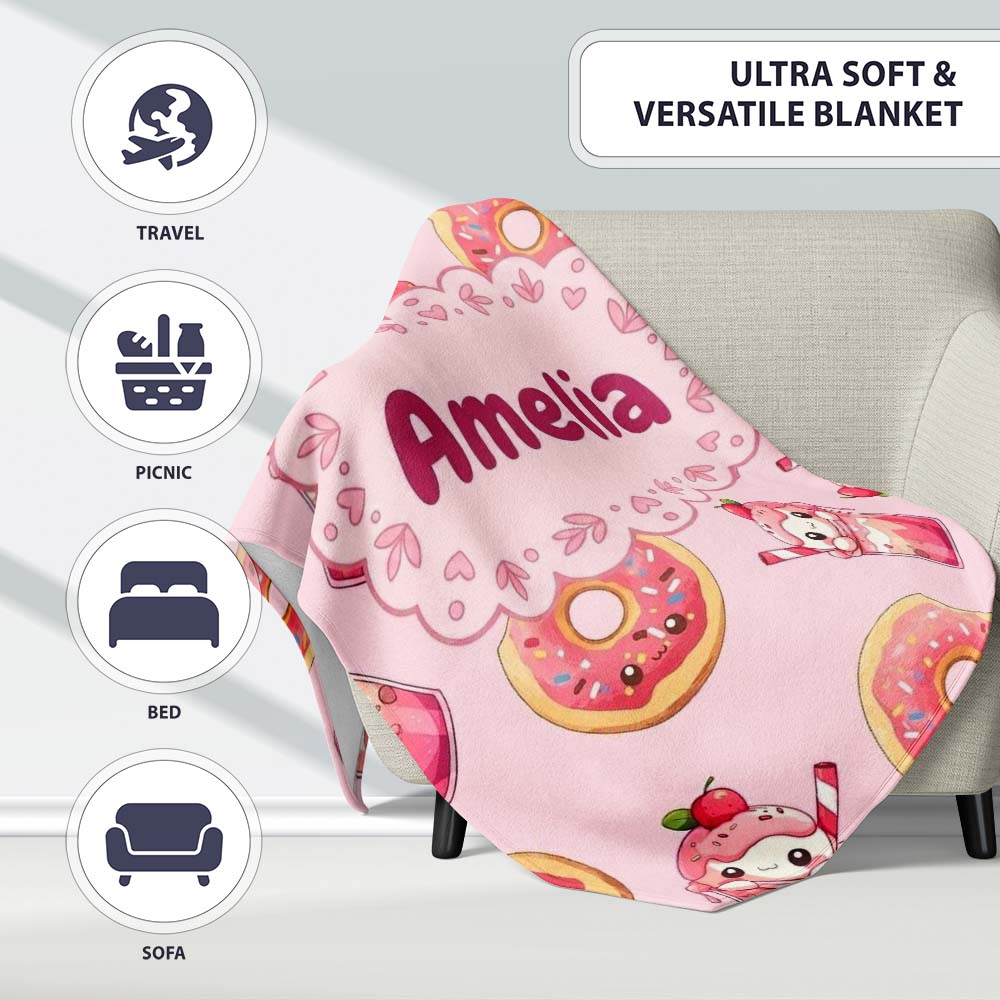 Cute Kawaii Donut and Strawberry Drink Pattern Soft Pink Background  Personalised Custom Name Super Soft Fleece Blanket Bed Sofa Throw