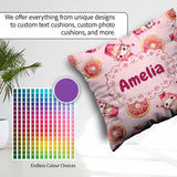Custom Name Kawaii Donut and Strawberry Drink Pattern Soft Pink Square Filled Cushion Throw Pillow Sofa Bed Home Decor Zip Washable UK Made