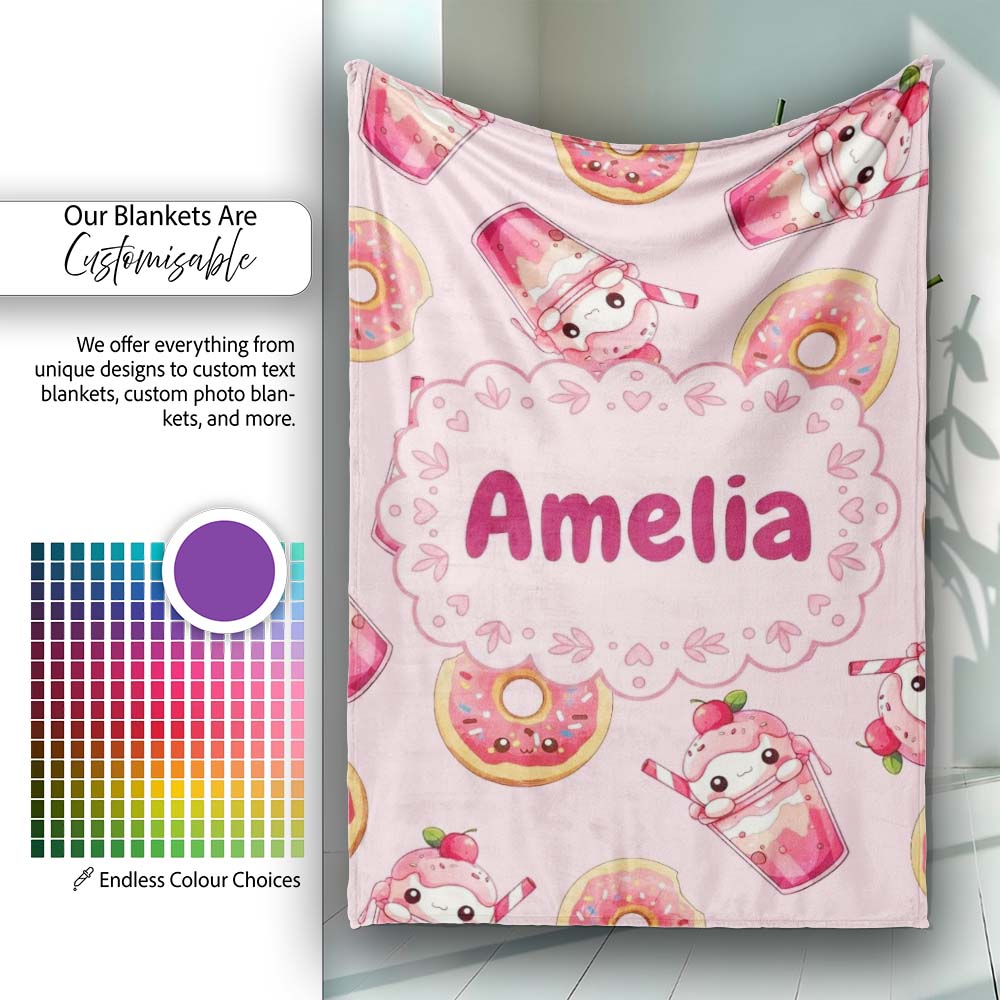Cute Kawaii Donut and Strawberry Drink Pattern Soft Pink Background  Personalised Custom Name Super Soft Fleece Blanket Bed Sofa Throw