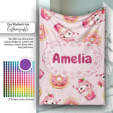 Cute Kawaii Donut and Strawberry Drink Pattern Soft Pink Background  Personalised Custom Name Super Soft Fleece Blanket Bed Sofa Throw