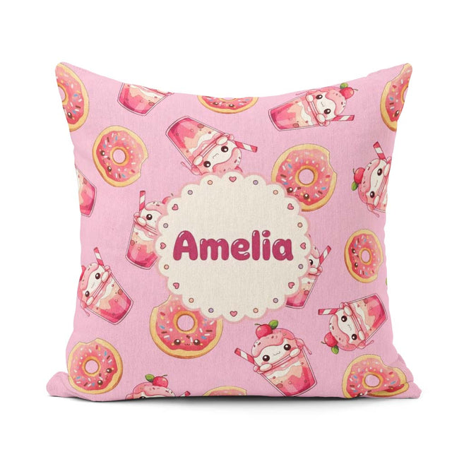 Custom Name Kawaii Donut and Strawberry Drink Pattern Blush Pink Square Filled Cushion Throw Pillow Sofa Bed Home Decor Zip Washable UK Made