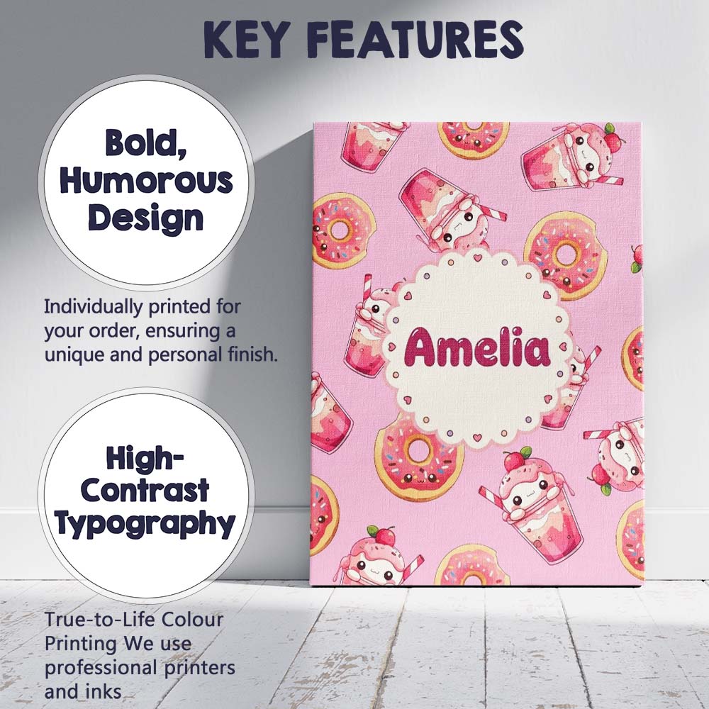 Personalised Name Cute Kawaii Donut and Custom  Modern Room Accent Elegant Feature Canvas Wall Art Print Decor Picture Ready to Hang