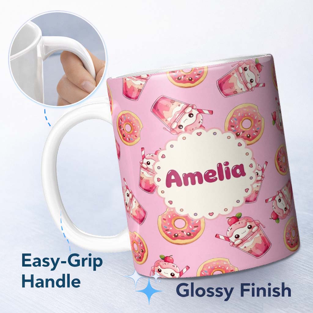 Personalized Custom Name Cute Kawaii Donut and Strawberry Drink Pattern Blush Pink 11oz Ceramic Coffee Tea Mug White Large Handle