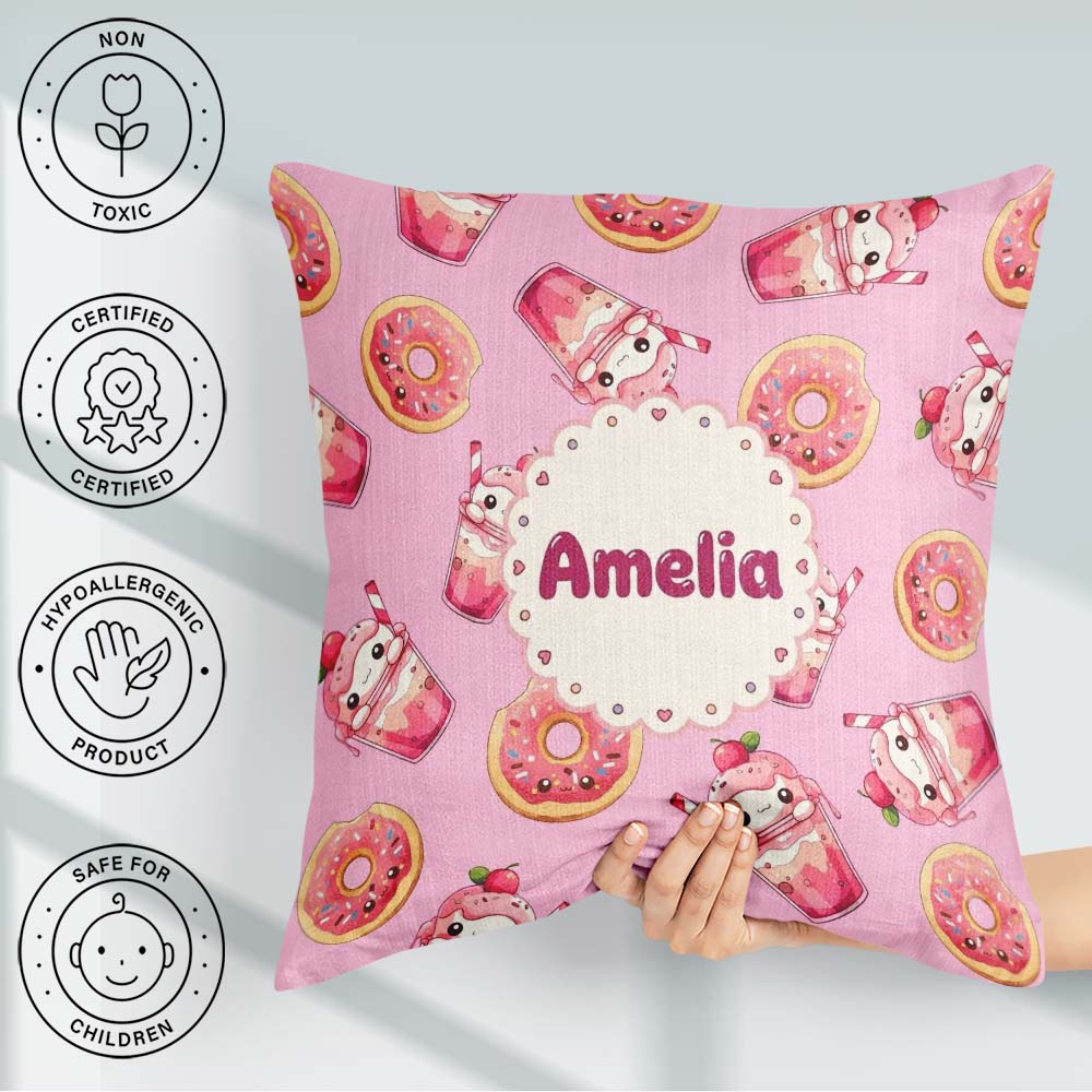 Custom Name Kawaii Donut and Strawberry Drink Pattern Blush Pink Square Filled Cushion Throw Pillow Sofa Bed Home Decor Zip Washable UK Made