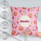 Custom Name Kawaii Donut and Strawberry Drink Pattern Blush Pink Square Filled Cushion Throw Pillow Sofa Bed Home Decor Zip Washable UK Made