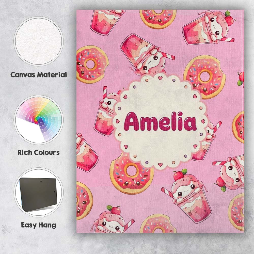 Personalised Name Cute Kawaii Donut and Custom  Modern Room Accent Elegant Feature Canvas Wall Art Print Decor Picture Ready to Hang