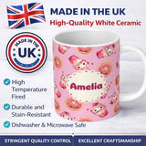 Personalized Custom Name Cute Kawaii Donut and Strawberry Drink Pattern Blush Pink 11oz Ceramic Coffee Tea Mug White Large Handle