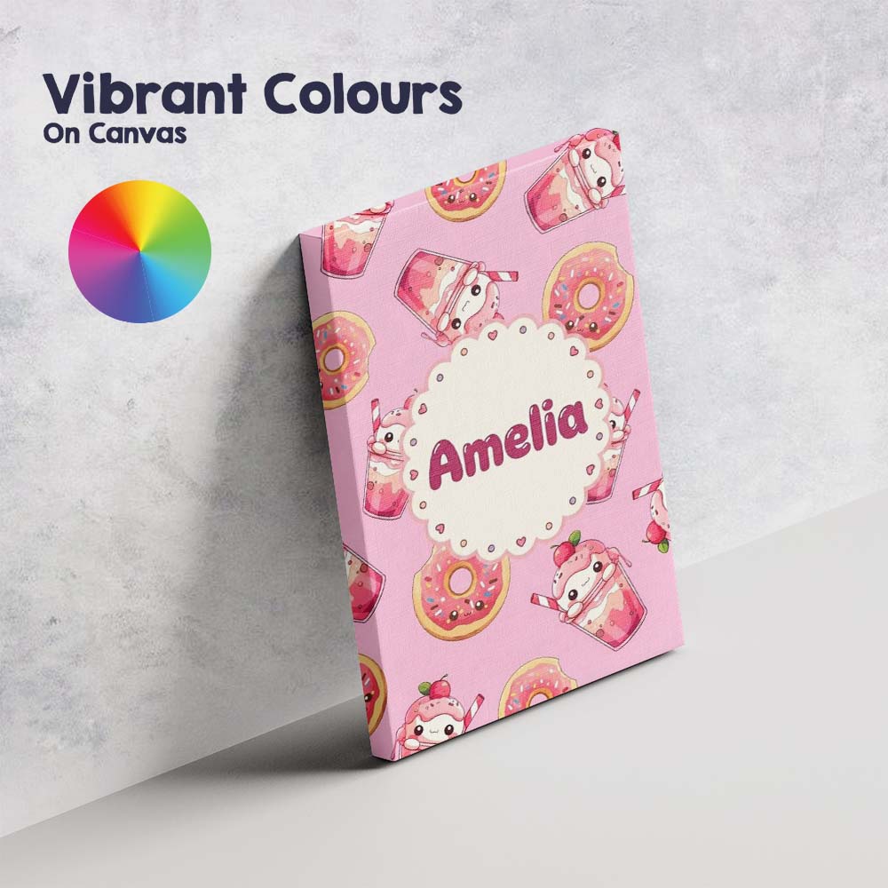 Personalised Name Cute Kawaii Donut and Custom  Modern Room Accent Elegant Feature Canvas Wall Art Print Decor Picture Ready to Hang
