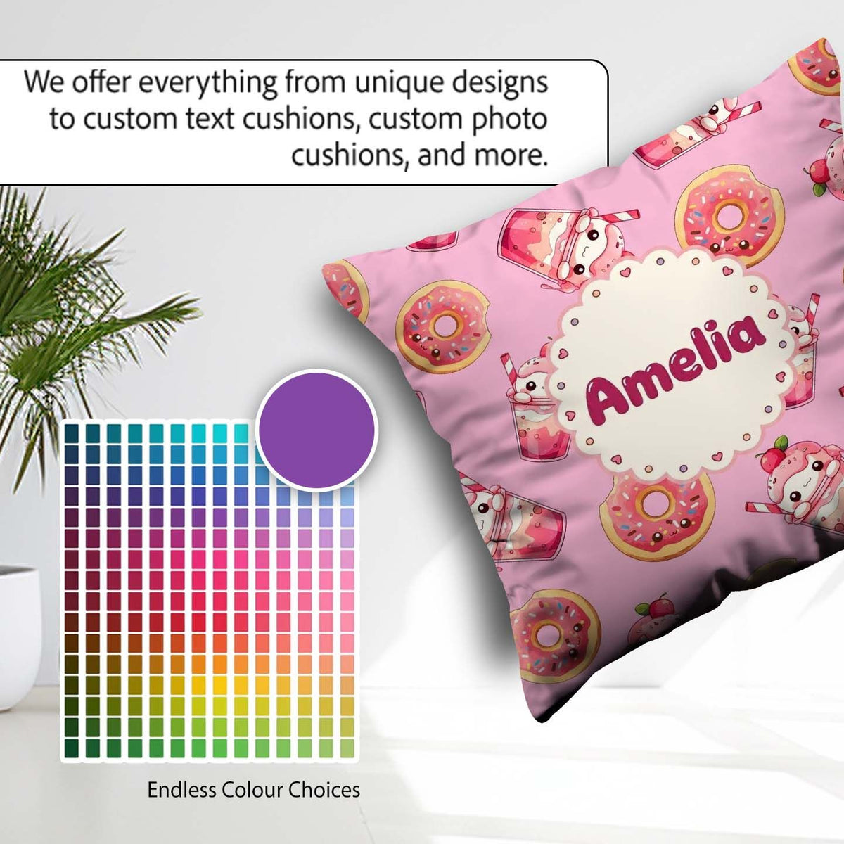Custom Name Kawaii Donut and Strawberry Drink Pattern Blush Pink Square Filled Cushion Throw Pillow Sofa Bed Home Decor Zip Washable UK Made