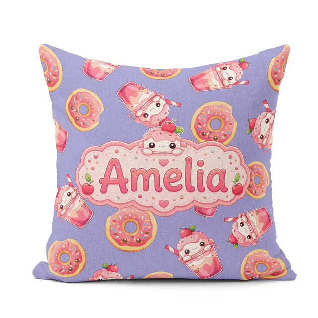 Custom Name Kawaii Donut and Strawberry Drink Pattern Background Square Filled Cushion Throw Pillow Sofa Bed Home Decor Zip Washable UK Made