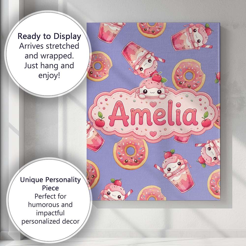 Personalised Name Cute Kawaii Donut and Custom  Modern Room Accent Elegant Feature Canvas Wall Art Print Decor Picture Ready to Hang