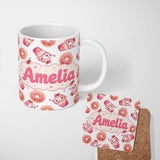 Personalized Custom Name Cute Kawaii Donut and Strawberry Drink Pattern Light Grey 11oz Ceramic Coffee Tea Mug White Large Handle
