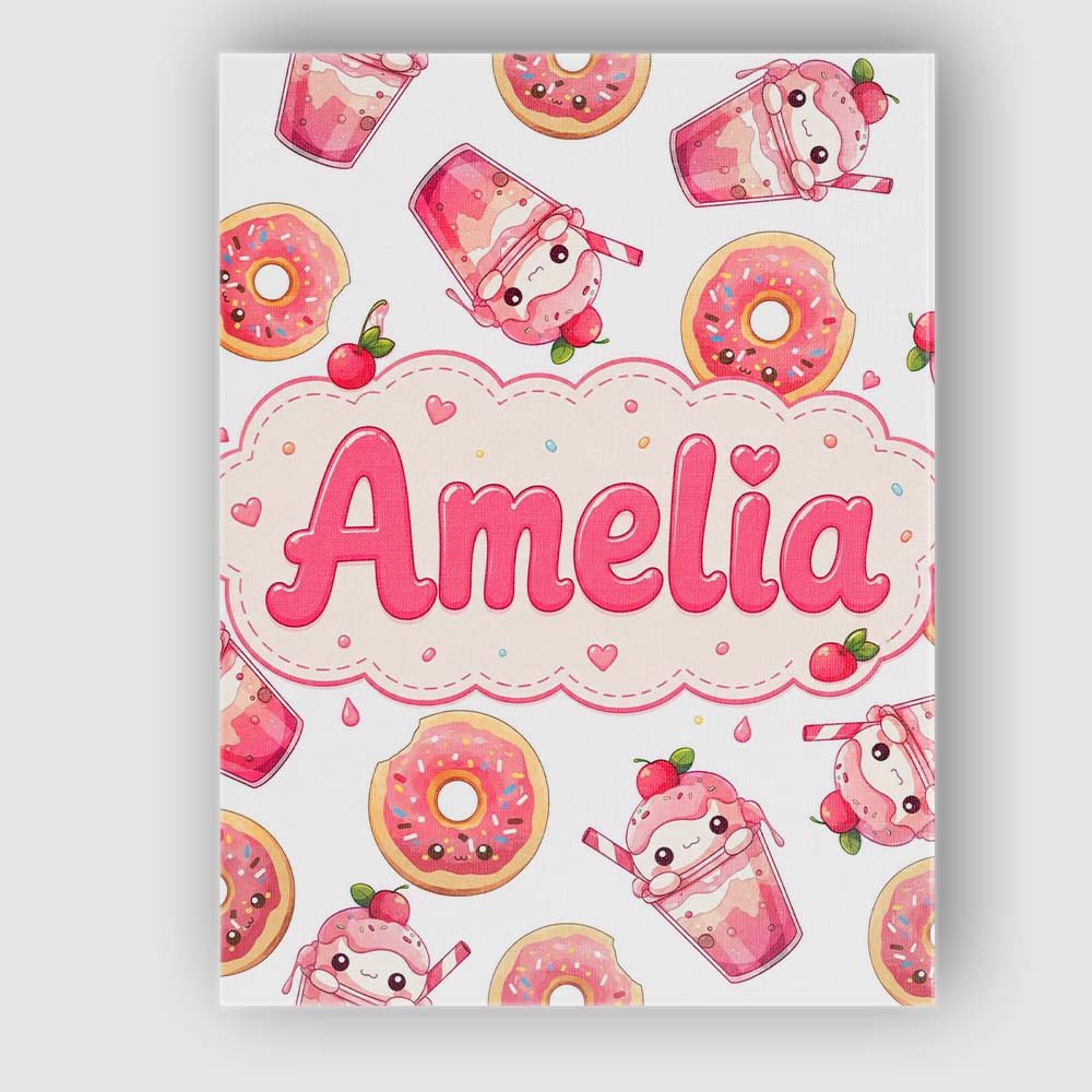 Personalised Name Cute Kawaii Donut and Custom  Modern Room Accent Elegant Feature Canvas Wall Art Print Decor Picture Ready to Hang