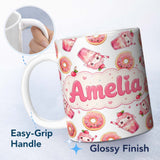 Personalized Custom Name Cute Kawaii Donut and Strawberry Drink Pattern Light Grey 11oz Ceramic Coffee Tea Mug White Large Handle
