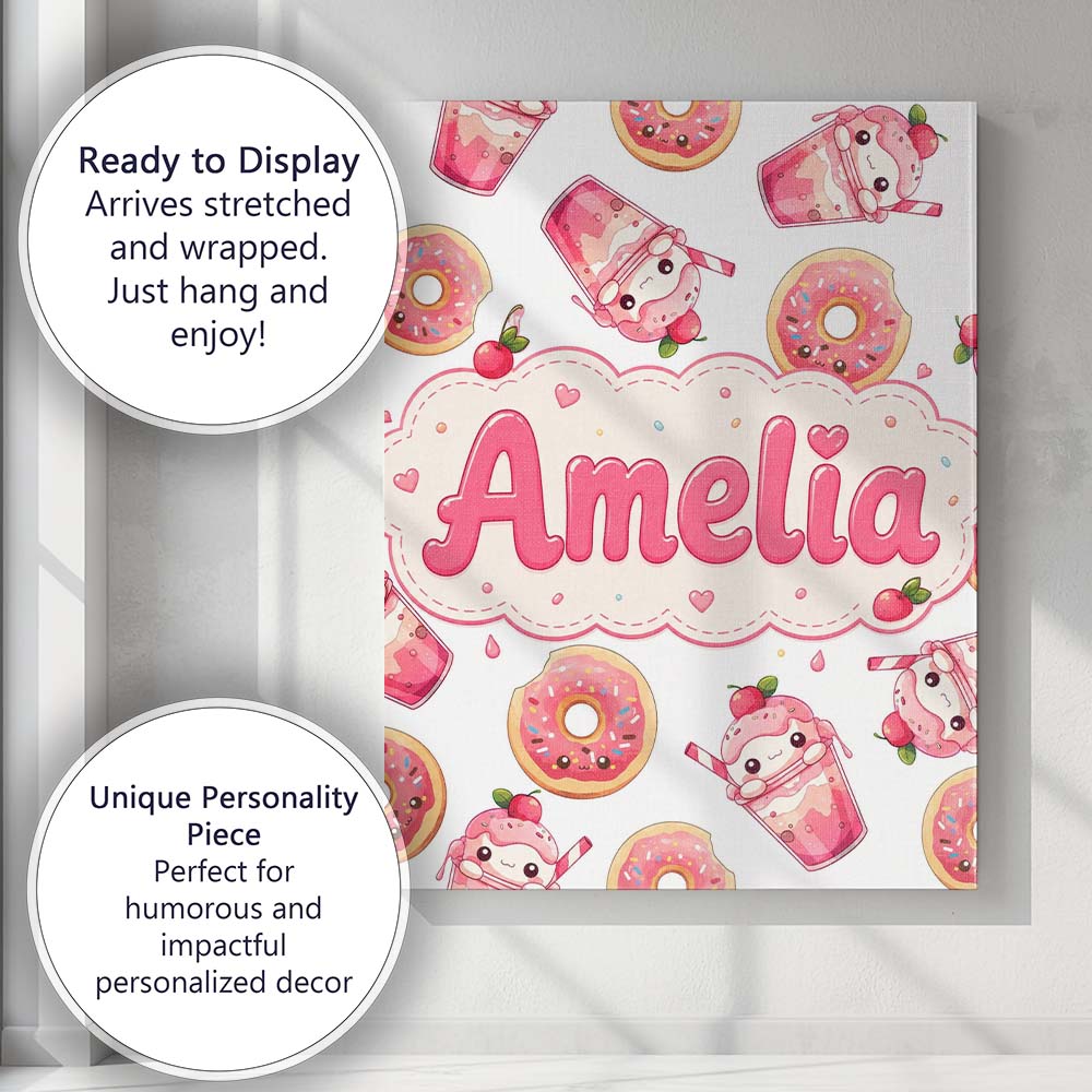Personalised Name Cute Kawaii Donut and Custom  Modern Room Accent Elegant Feature Canvas Wall Art Print Decor Picture Ready to Hang