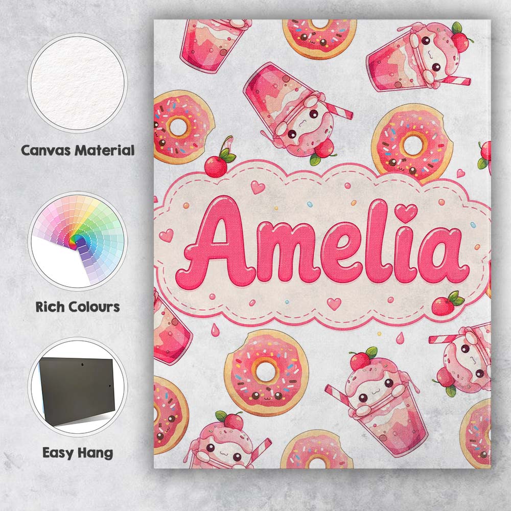 Personalised Name Cute Kawaii Donut and Custom  Modern Room Accent Elegant Feature Canvas Wall Art Print Decor Picture Ready to Hang