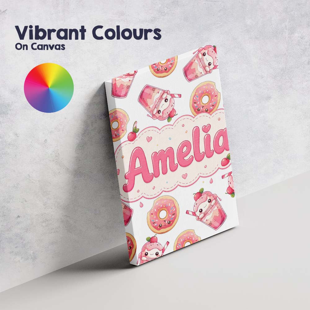 Personalised Name Cute Kawaii Donut and Custom  Modern Room Accent Elegant Feature Canvas Wall Art Print Decor Picture Ready to Hang