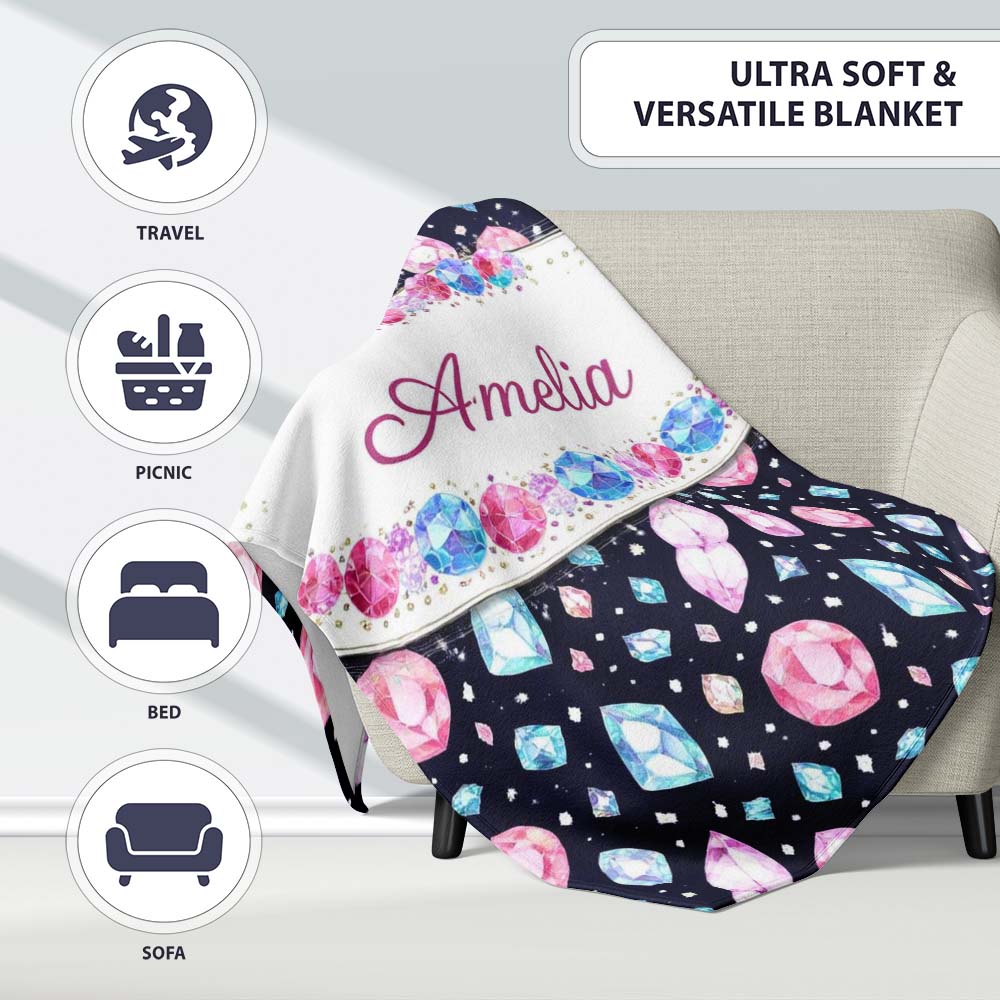 Navy Blue Cosmic Crystal Gemstone Seamless Pattern Cute Unique Gift  Personalised Custom Name Super Soft Fleece Blanket Bed Sofa Throw