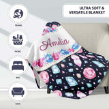 Navy Blue Cosmic Crystal Gemstone Seamless Pattern Cute Unique Gift  Personalised Custom Name Super Soft Fleece Blanket Bed Sofa Throw