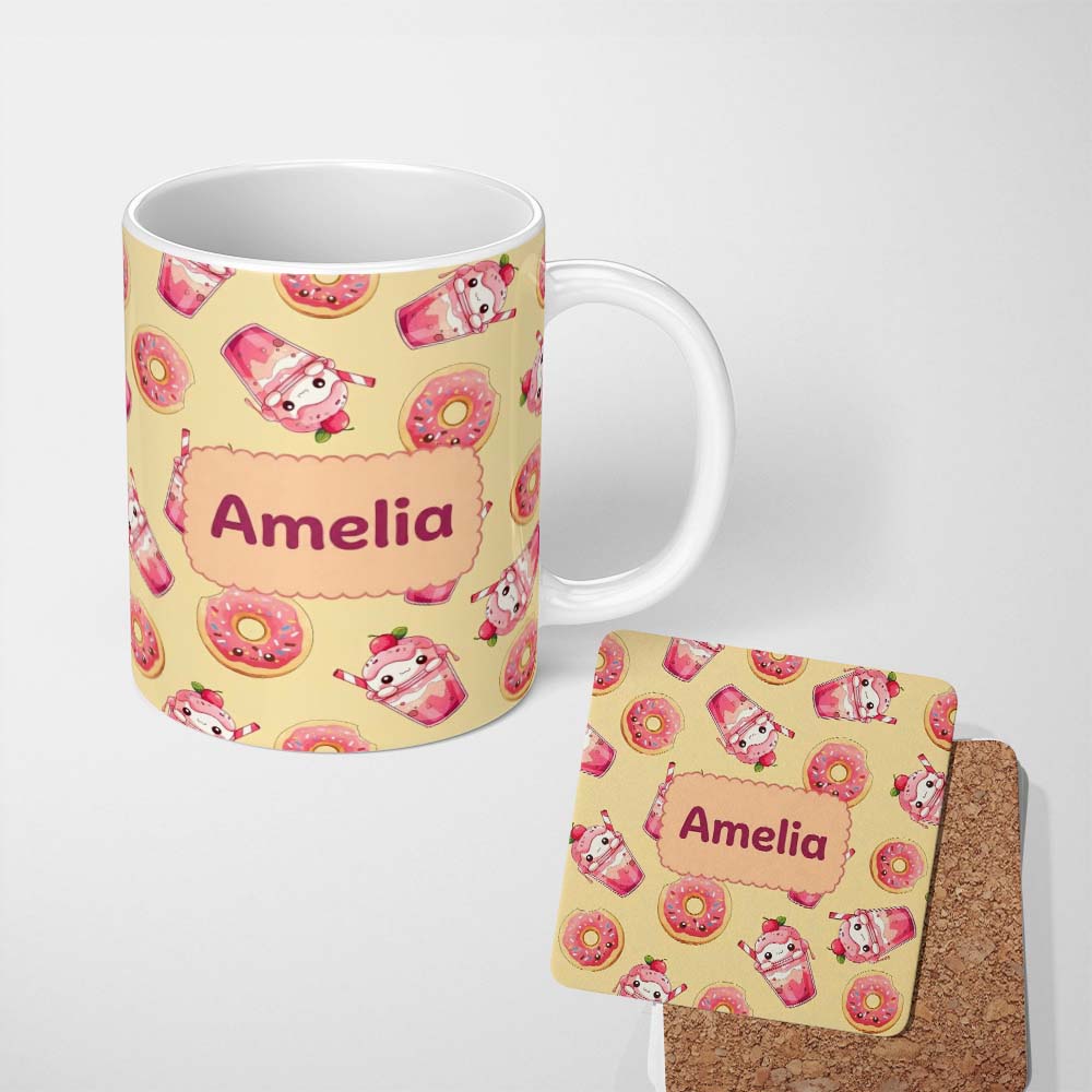 Personalized Custom Name Cute Kawaii Donut and Strawberry Drink Pattern Yellow Background 11oz Ceramic Coffee Tea Mug White Large Handle