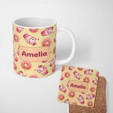 Personalized Custom Name Cute Kawaii Donut and Strawberry Drink Pattern Yellow Background 11oz Ceramic Coffee Tea Mug White Large Handle