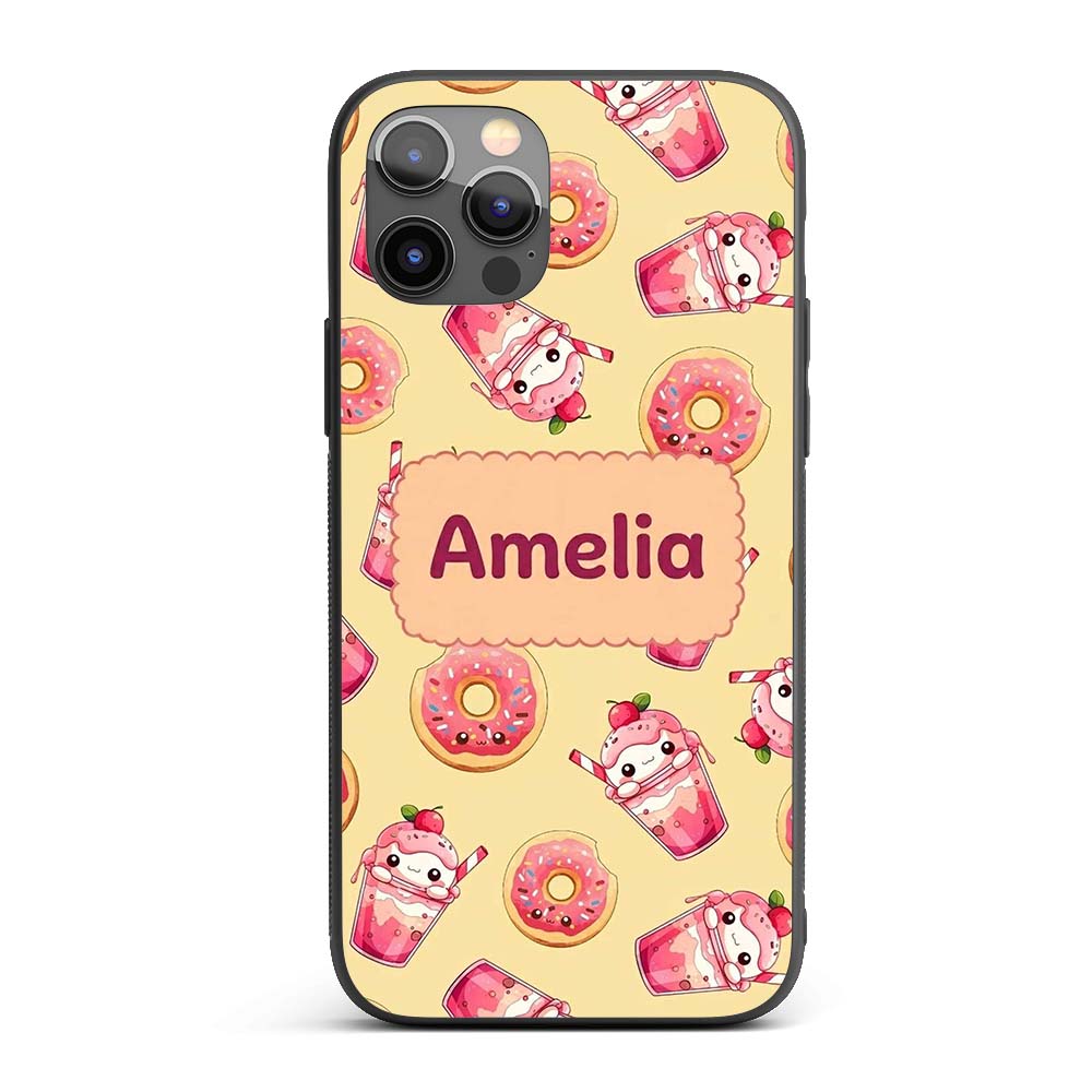 Cute Kawaii Donut and Strawberry Drink Pattern Custom Name Protective Phone Case Mobile Cover Durable Everyday Smartphone Shock Resistant