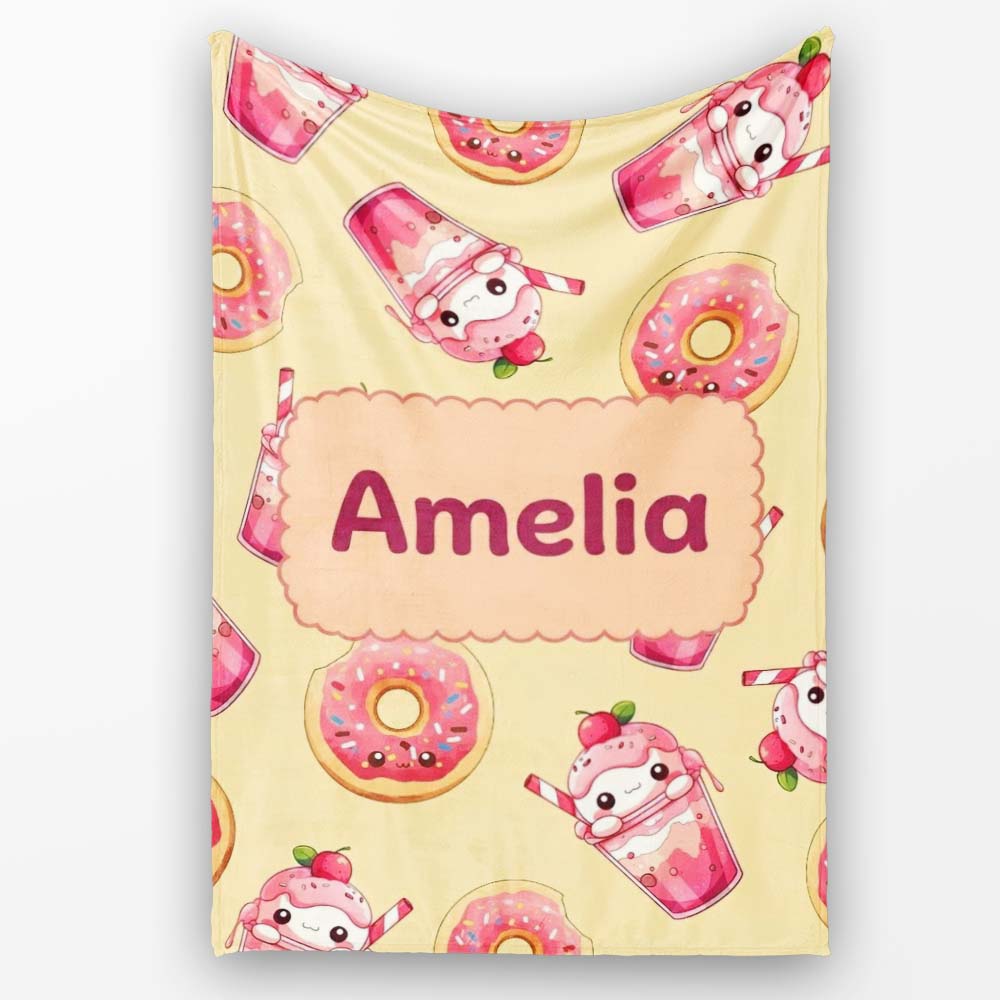 Cute Kawaii Donut and Strawberry Drink Pattern Yellow Background  Personalised Custom Name Super Soft Fleece Blanket Bed Sofa Throw