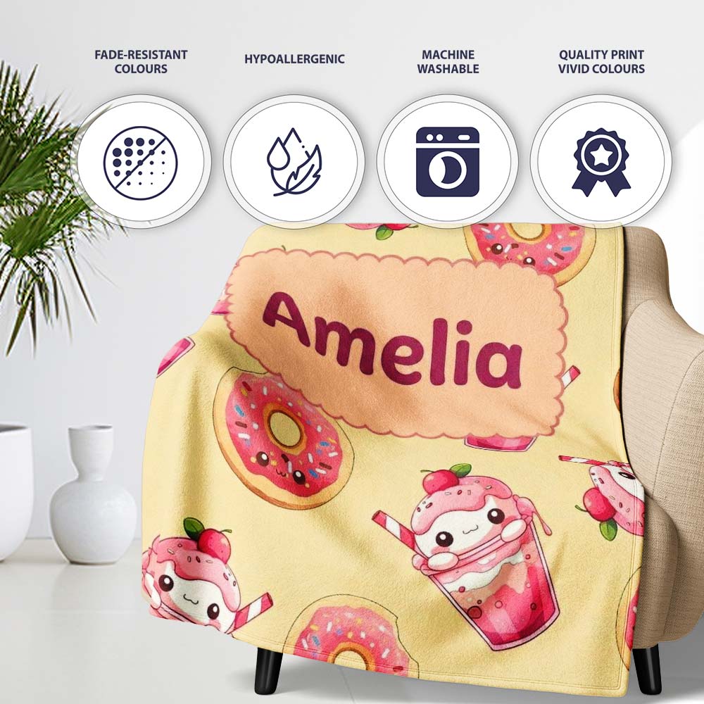 Cute Kawaii Donut and Strawberry Drink Pattern Yellow Background  Personalised Custom Name Super Soft Fleece Blanket Bed Sofa Throw